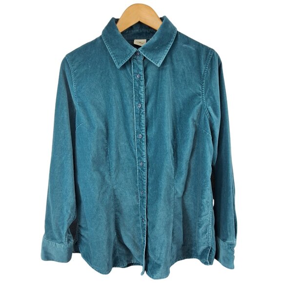 L.L. Bean Teal 100% Cotton Velvet Button-Up Shirt Medium - Picture 1 of 6